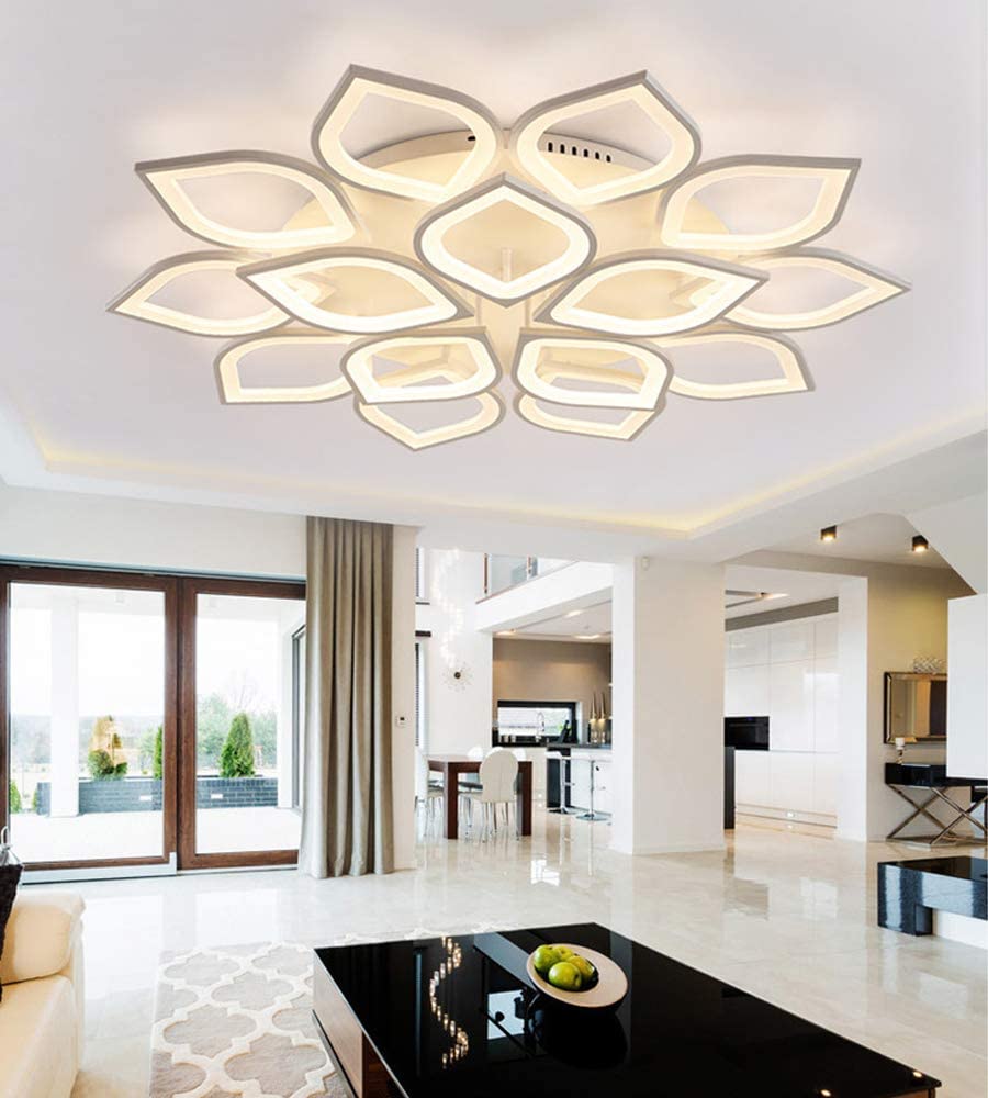 15 Heads Petal Semi Flush Light Monochromatic LED Ceiling Light Fixture 110-120V 150W Modern Acrylic Ceiling Lamp with White Metal Canopy for Living Room Bedroom Restaurant - Warm Light