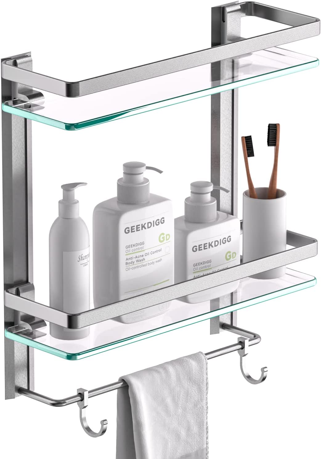 bathroom glass shelf with towel bar, 2 tier wall mounted tempered glass shower storage organizer with 8MM extra thick, 15.2 by 5 inches - Not Brushed Nickel