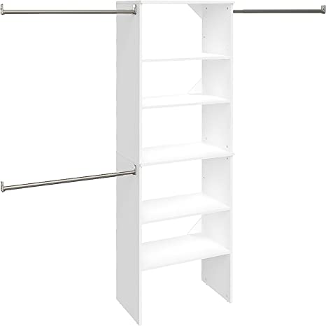 SuiteSymphony Wood Closet Organizer Starter Kit Tower and 3 Hang Rods, Shelves, Adjustable, Pure White