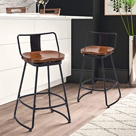 Bar Stools Industrial Metal bar Stools Counter Height Stools Dining Chair Set of 2 (Low Back Swivel Black with Wood U4-M, 30")
