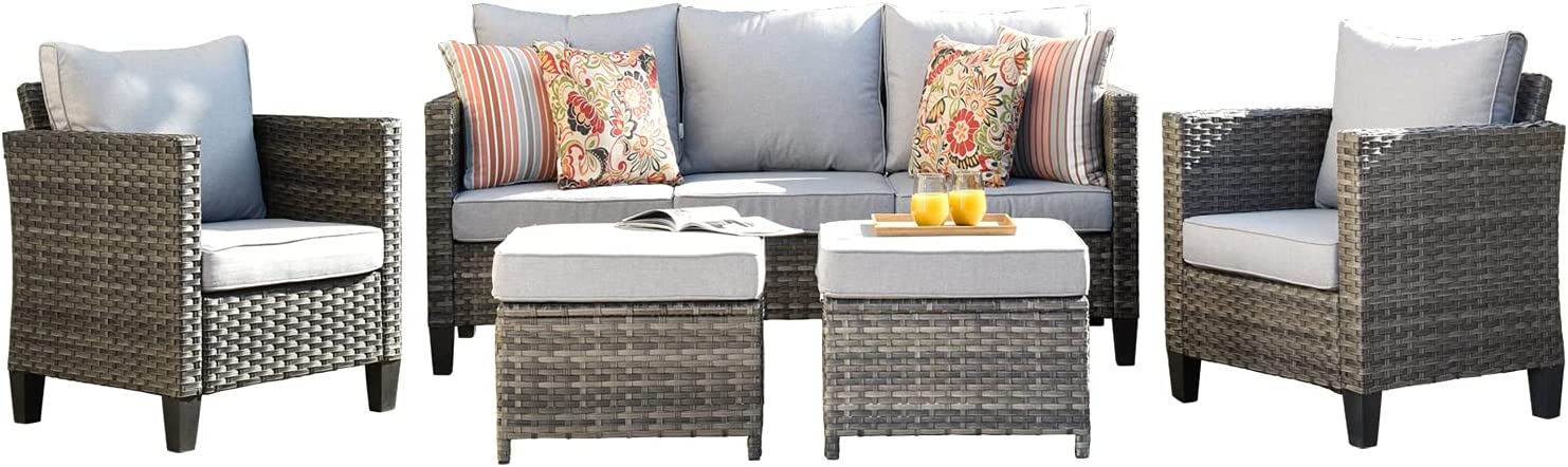 XIZZI Patio Furniture Sets Outdoor Conversation Set 2 Piece All Weather Wicker chairs for Garden Backyard Deck,Grey Wicker Grey Cushion, set of 2