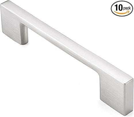 10 Pack Solid Kitchen Cabinet Pulls Handles (3-5/8" Hole Centers) - Modern Thin Profile Drawer/Door Hardware - Satin Nickel