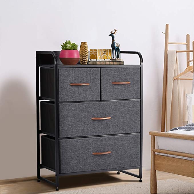 4 Drawer Dresser, Fabric Drawer Dresser Closet Dresser with Brown Wooden Handle, Sturdy Steel Frame, Wooden Top for Bedroom, Livingroom, Hallway, Entryway (Grey)
