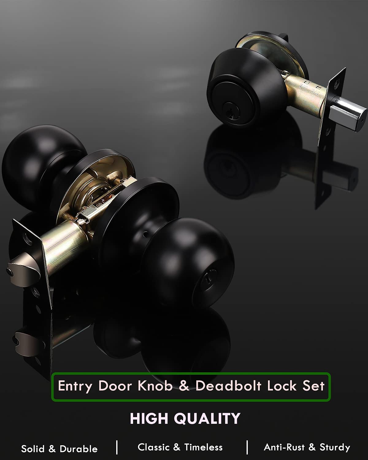 2 Pack Entry Door Knob and Single Cylinder Deadbolt Combination Set, Keyed Alike, Flat Black Entry Entrance Keyed Round Door Knobs Lockset with Deadbolt Lock Set for Exterior/Front Door
