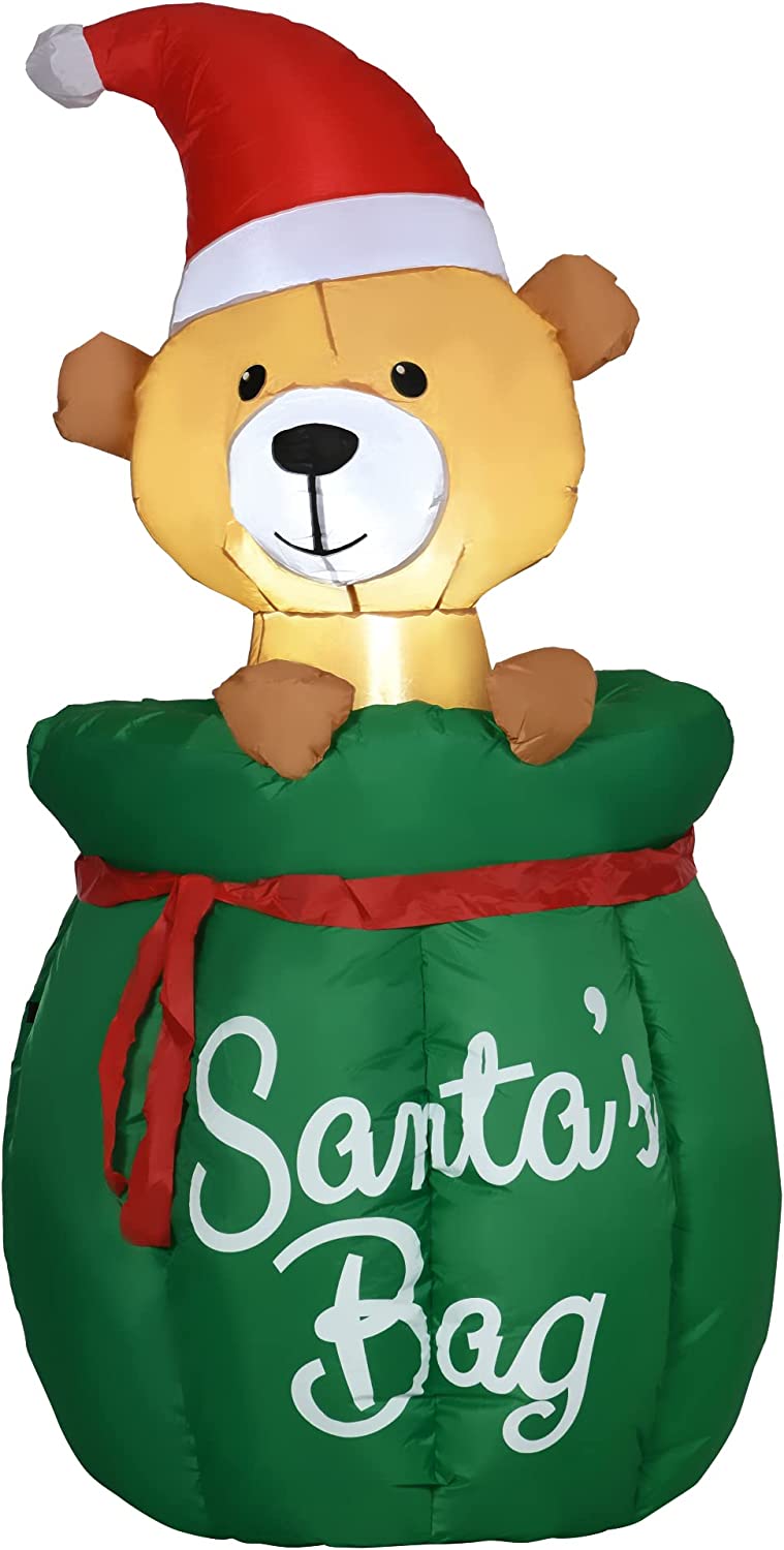 4.5 ft. Christmas Inflatable Bear in Santa Claus Toy Bag, Outdoor Blow-Up Holiday Yard Decoration with LED Lights Display
