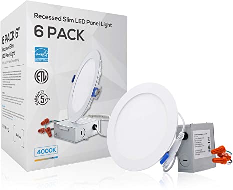 6 Inch 12W Dimmable Slim LED Downlight with J-Box, 100W Eqv. Ultra Thin Recessed Lighting, 1000lm, 4000K Cool White, ETL & Energy Star Certified, Pack of 24