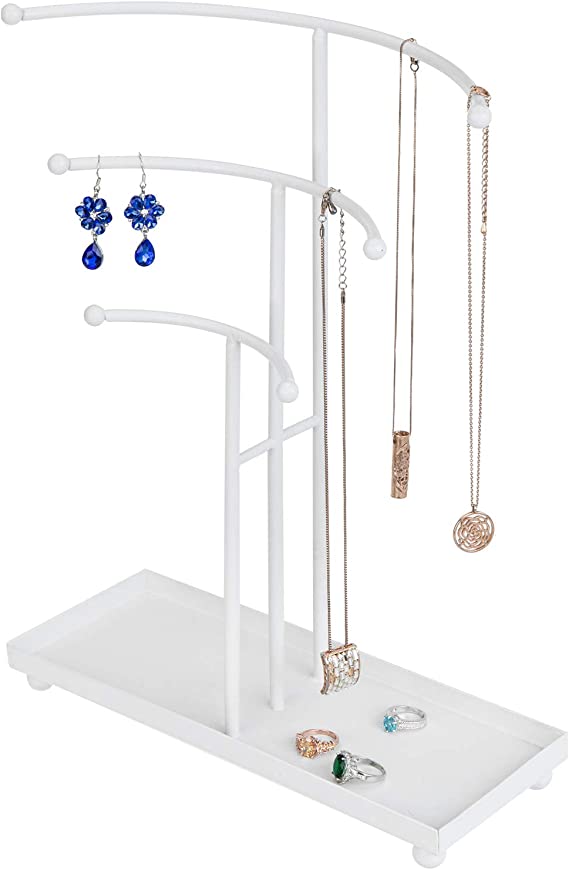 11.25"D x 14.75"W x 4.75"H Necklace Jewelry Organizer, 3-TierCurved Metal Tabletop T-Bar Jewelry Organizer Display Necklace Hanger Stand with Ring Tray Base