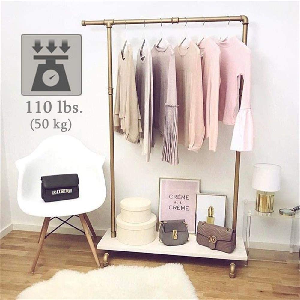 BOSURU Industrial Pipe Clothing Rack Wooden Garment Rack with Shelves Retail Clothes Display Racks for Boutiques Gold