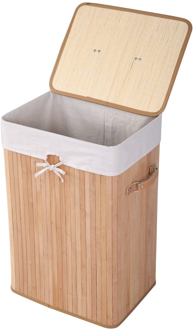Bamboo Laundry Hamper Portable, Dirty Clothes Storage Basket with Lid and Removable Liner, Large Storage Clothes Bin with Handles, Suitable for Bedroom, Bathroom, Kid's Room (Natural)