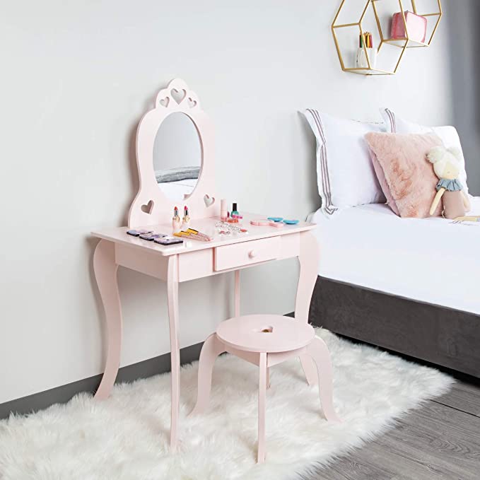 Kids Vanity Set with Mirror and Stool, Beauty Makeup Vanity Table and Chair Set for Toddlers and Kids, Pink