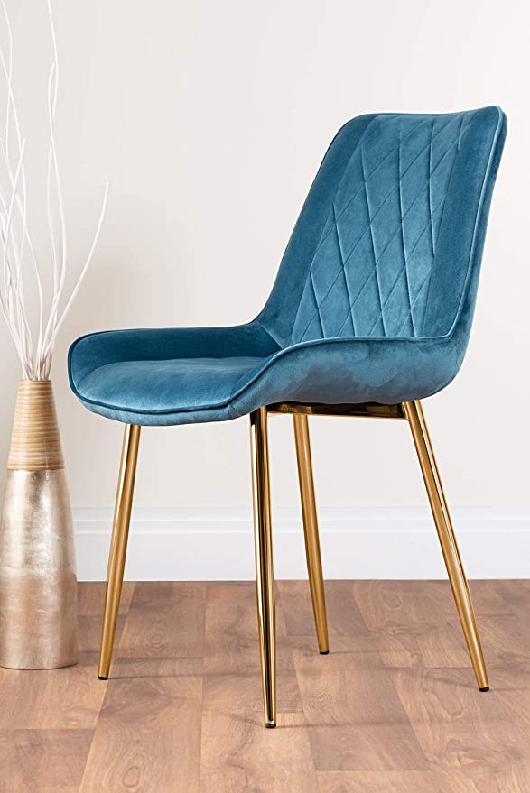 2x Pesaro Velvet Gold Chrome Metal Leg Modern Contemporary Luxury Dining Kitchen Chairs Set (2x Blue Pesaro Gold Chairs)