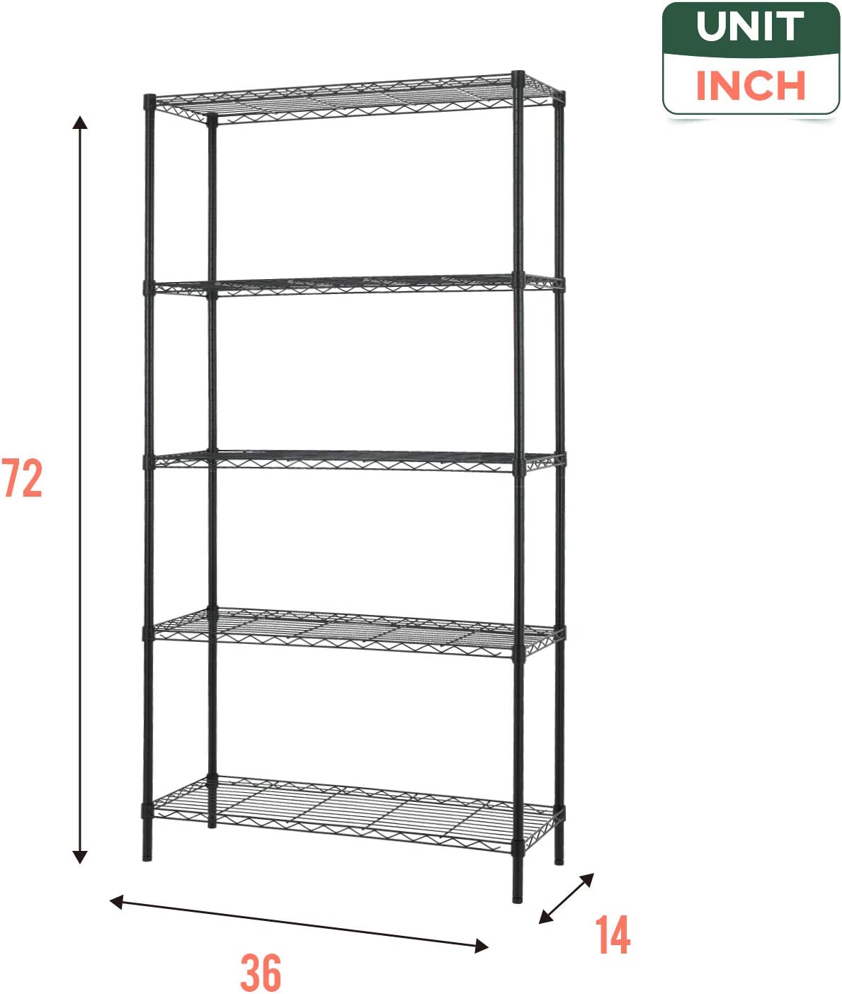36" L×14" W×72" H Wire Shelving Unit Metal Shelf with 5 Tier Adjustable Layer Rack Strong Steel for Restaurant Garage Pantry Kitchen Garage，Black