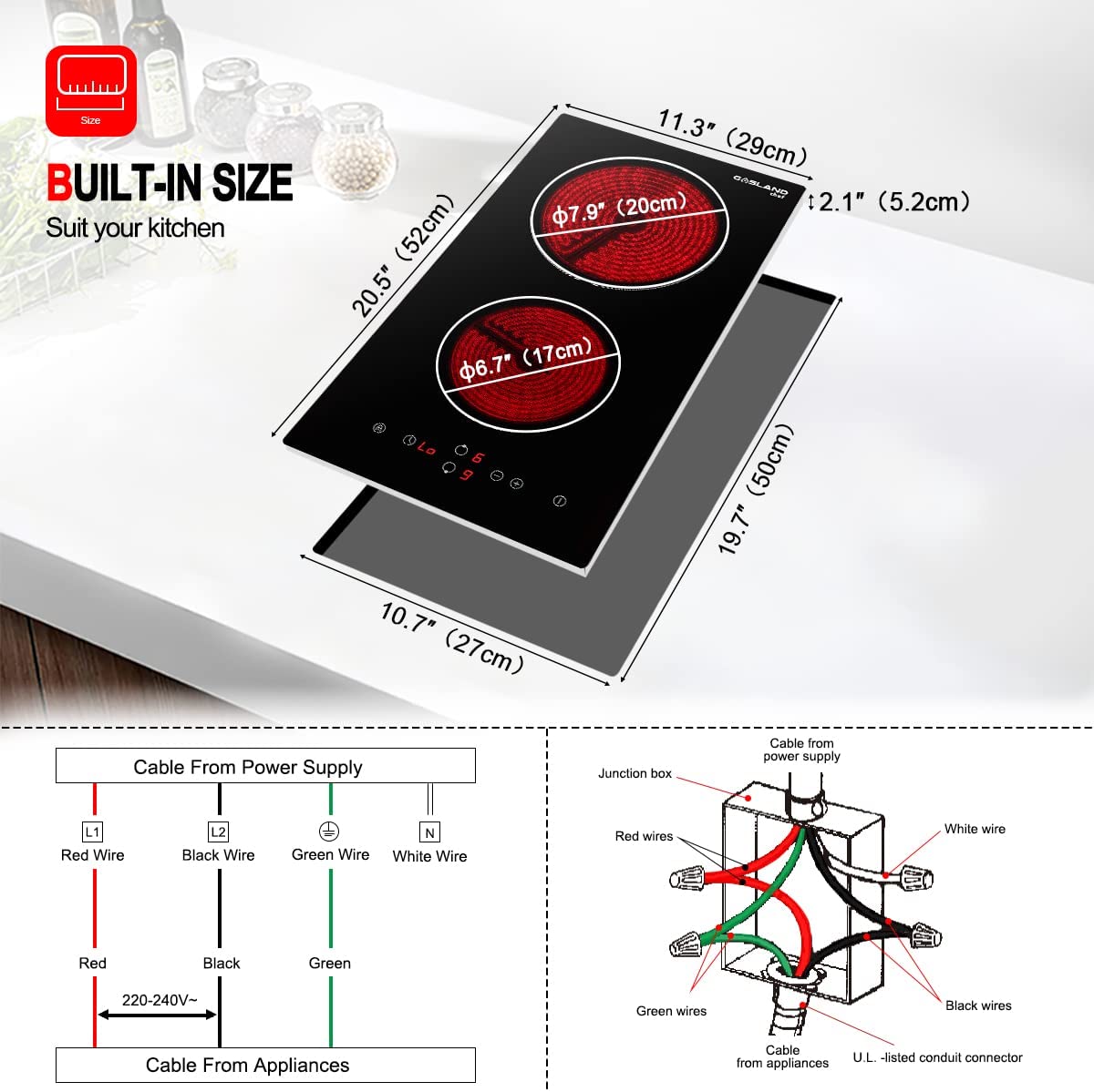 12" Built-in Electric Cooktop, GASLAND Chef 240V Ceramic Cooktop, Drop-in 2 Burner Coil Electric Radiant Cooktop, 9 Power Levels, Sensor Touch Control, Child Safety Lock, 1-99 Minutes Timer