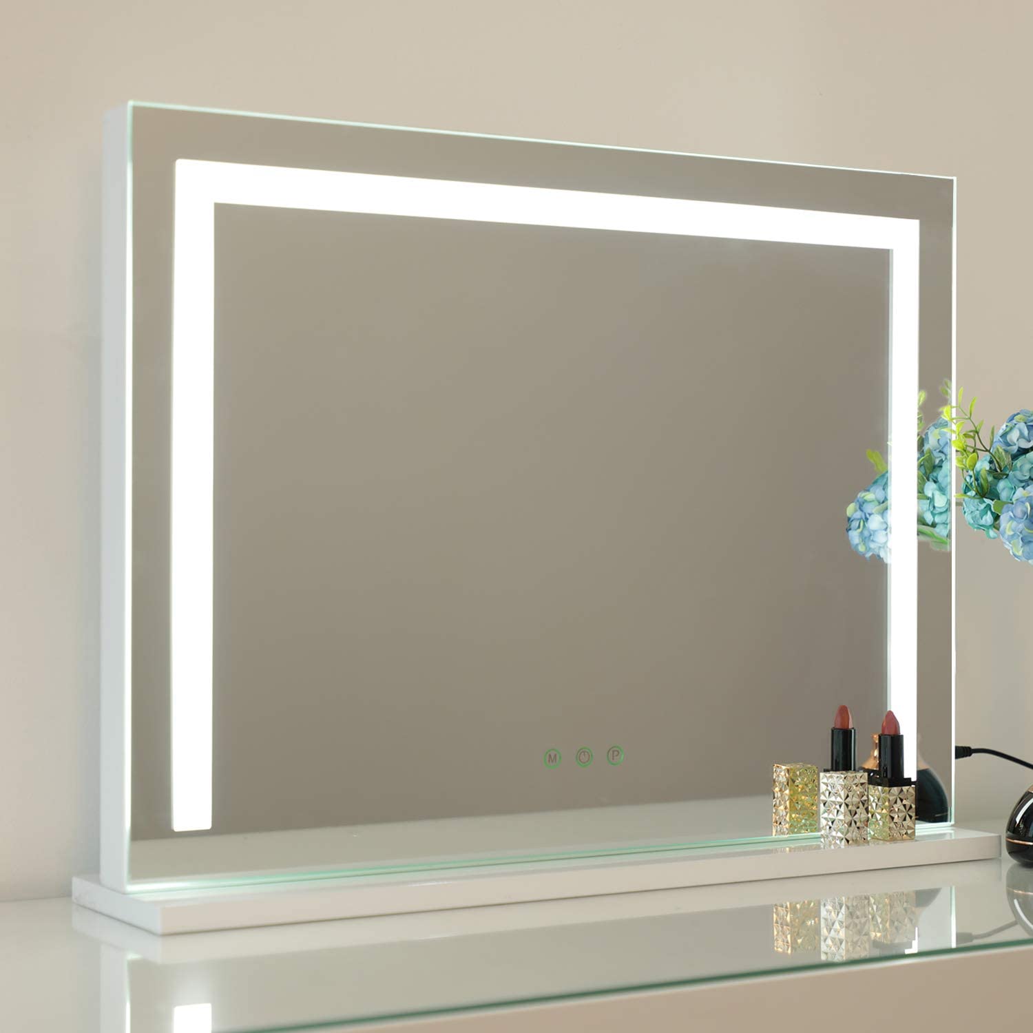 WAYKING Vanity Mirror with Lights, Makeup Mirror with Dimmiable 3 Lighting Modes LED Strip, Wall-Mounted and Tabletop Mirror with USB Charging Port (L22.83 x H17.32 inch)