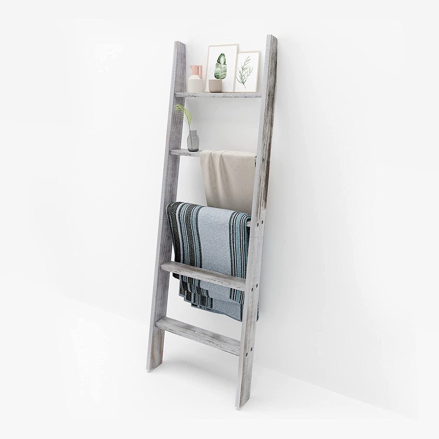 4.5 FT Rustic Wood Wall-Leaning Farmhouse Ladder Blanket and Towel Holder, Decorative Ladder Shelf for Throw Blankets, Quilts-Perfect for Living Area, Distressed White