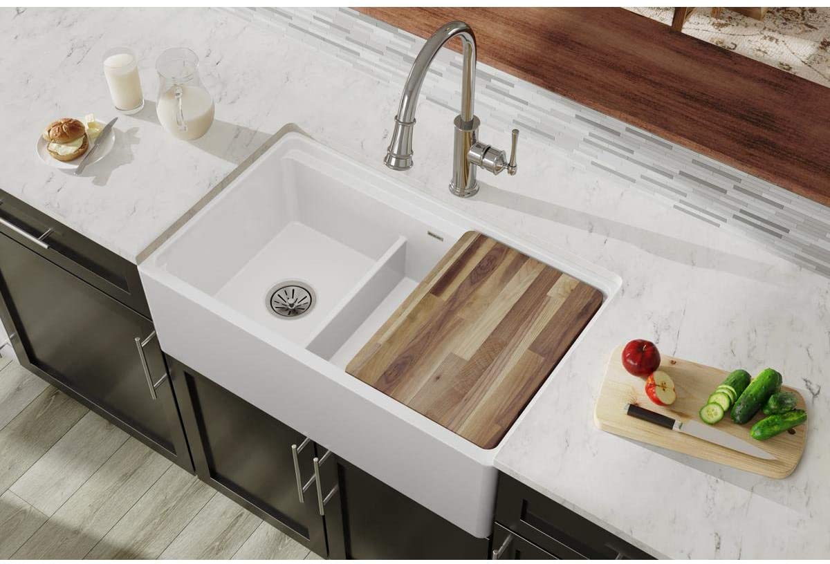 White 33" L x 20" W Double Basin Farmhouse/Apron Kitchen Sink with Cutting Board, White (#K6345)