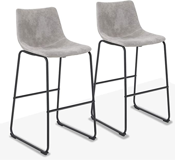 Bar Stools Set of 2 Bar Stools Vintage Leathaire 30 inches Bar Height Stools Pub Kitchen Stools Chairs, Dining Room Furniture 350 lbs Capacity, Grey
