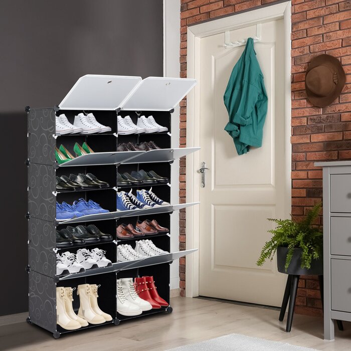 7-Tier Portable 28 Pair Shoe Rack Organizer 14 Grids Tower Shelf, Black