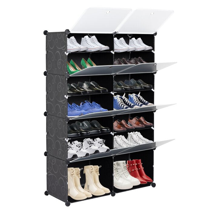 7-Tier Portable 28 Pair Shoe Rack Organizer 14 Grids Tower Shelf, Black
