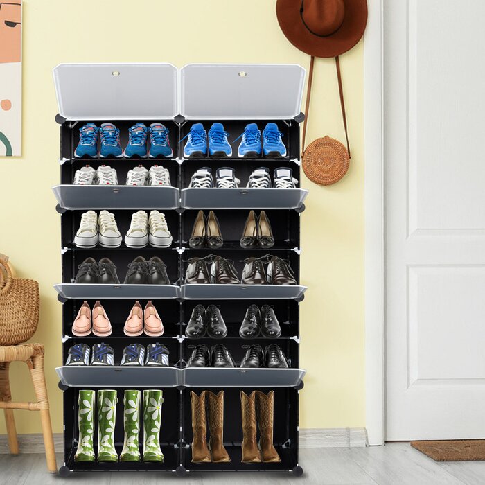 7-Tier Portable 28 Pair Shoe Rack Organizer 14 Grids Tower Shelf, Black