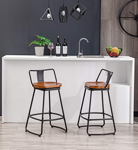 Bar Stools Industrial Metal bar Stools Counter Height Stools Dining Chair Set of 2 (Low Back Swivel Black with Wood U4-M, 30")