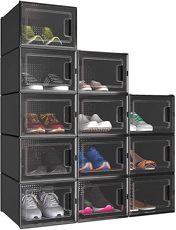 Set of 12 Medium Size Shoe Storage Lightweight Plastic Organizers Stackable Shoe Storage Box Rack Drawers - Black