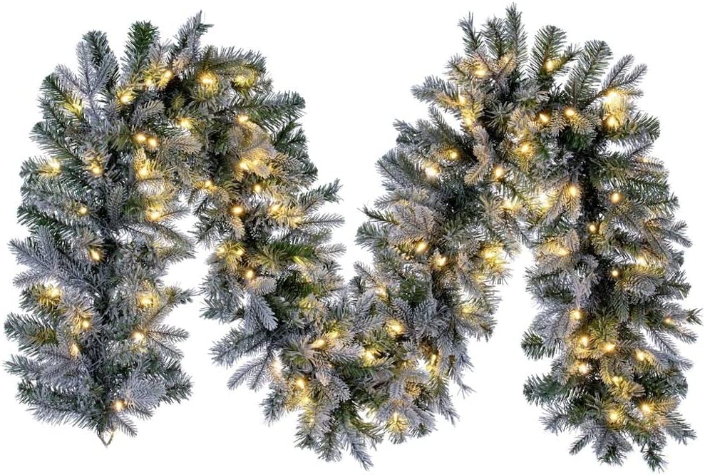 9' x 14" Frosted Douglas Fir Artificial Pre-Lit Garland, Dura-Lit Warm White LED Mini Lights.
