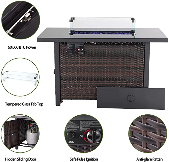 44 in Propane Fire Pit Table,Rattan Fire Pit Table with Glass Wind Guard,60,000 BTU Auto-Ignition Gas Firepit,CSA Certification and Black Tempered Glass Tabletop ,for Outdoor, Patio, Lawn…