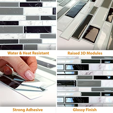 12 Sheets 12" x 6" Subway Tiles Peel and Stick Kitchen Backsplash 3D Wall Panel Stick on Backsplash Light and Dark Marble