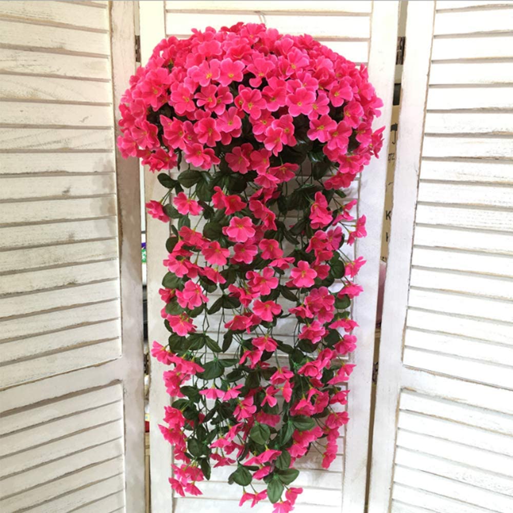2 Pack Artificial Hanging Flowers Plants, Silk Hanging Basket Lifelike Garland for Home Wedding Garden/Yard String Floral Decoration (Rose Red)