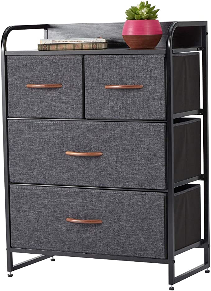 4 Drawer Dresser, Fabric Drawer Dresser Closet Dresser with Brown Wooden Handle, Sturdy Steel Frame, Wooden Top for Bedroom, Livingroom, Hallway, Entryway (Grey)