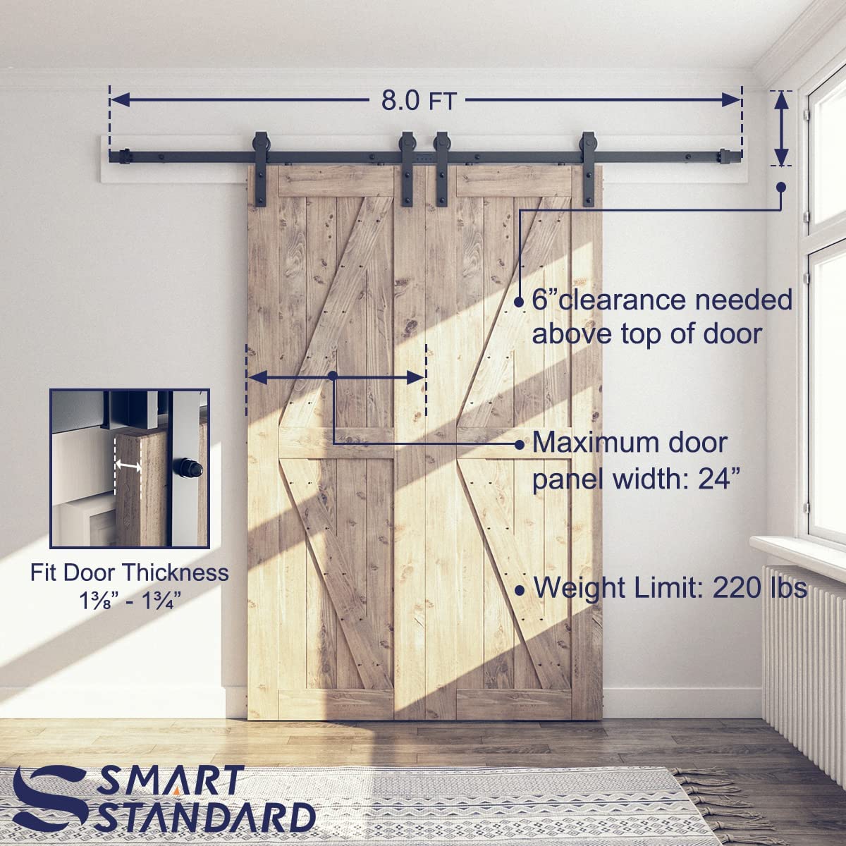 8 Feet Heavy Duty Double Sliding Barn Door Hardware Kit