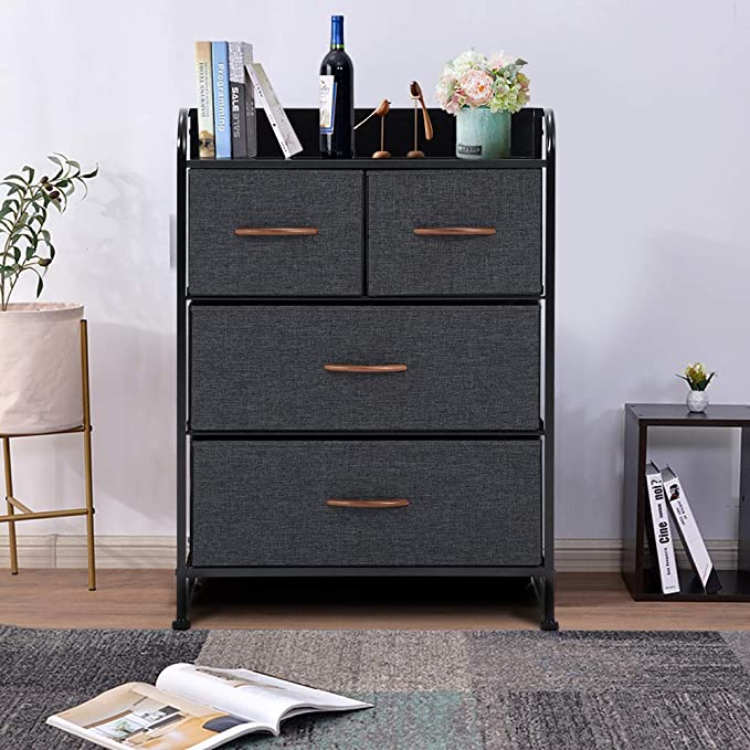 4 Drawer Dresser, Fabric Drawer Dresser Closet Dresser with Brown Wooden Handle, Sturdy Steel Frame, Wooden Top for Bedroom, Livingroom, Hallway, Entryway (Grey)