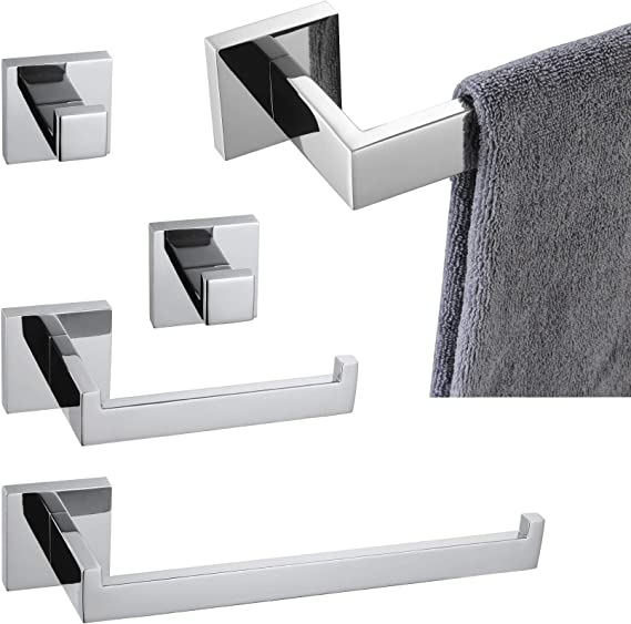 3 Pieces Bathroom Hardware Set, Glossy Stainless Steel Towel Bars + Toilet Paper Holder + Robe Hook, Wall Mount, Polished Finish