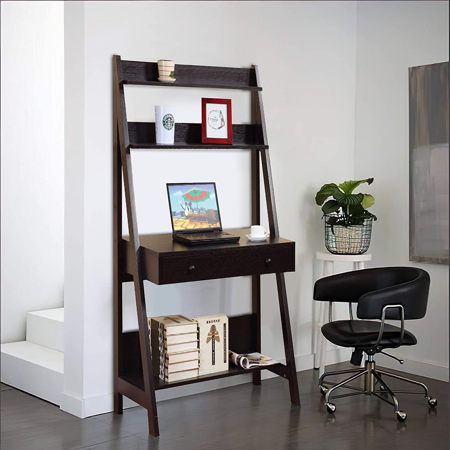 Benzara Contemporary Style Ladder Desk With 3 Open Shelves, Brown
