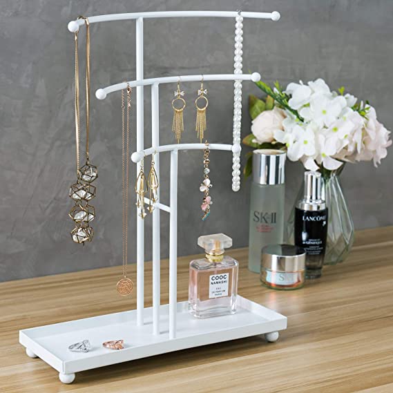 11.25"D x 14.75"W x 4.75"H Necklace Jewelry Organizer, 3-TierCurved Metal Tabletop T-Bar Jewelry Organizer Display Necklace Hanger Stand with Ring Tray Base