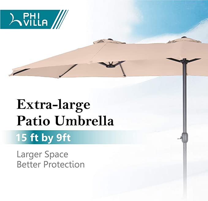 15ft Large Patio Umbrella with Base, Double-sided Outdoor Umbrella, Beige