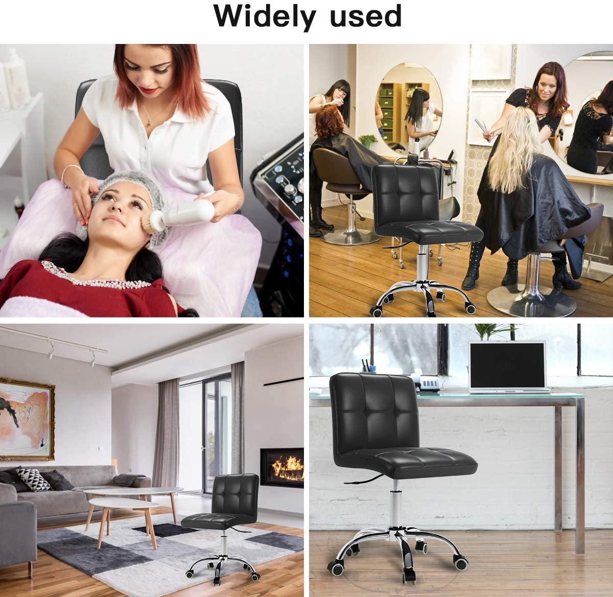 360° Office Desk Chair,PU Adjustable Rolling Task Chair with Backrest for Barber,Office,Home, Computer,360° Swivel,Armless,Black KB2609-A4-B3-P2