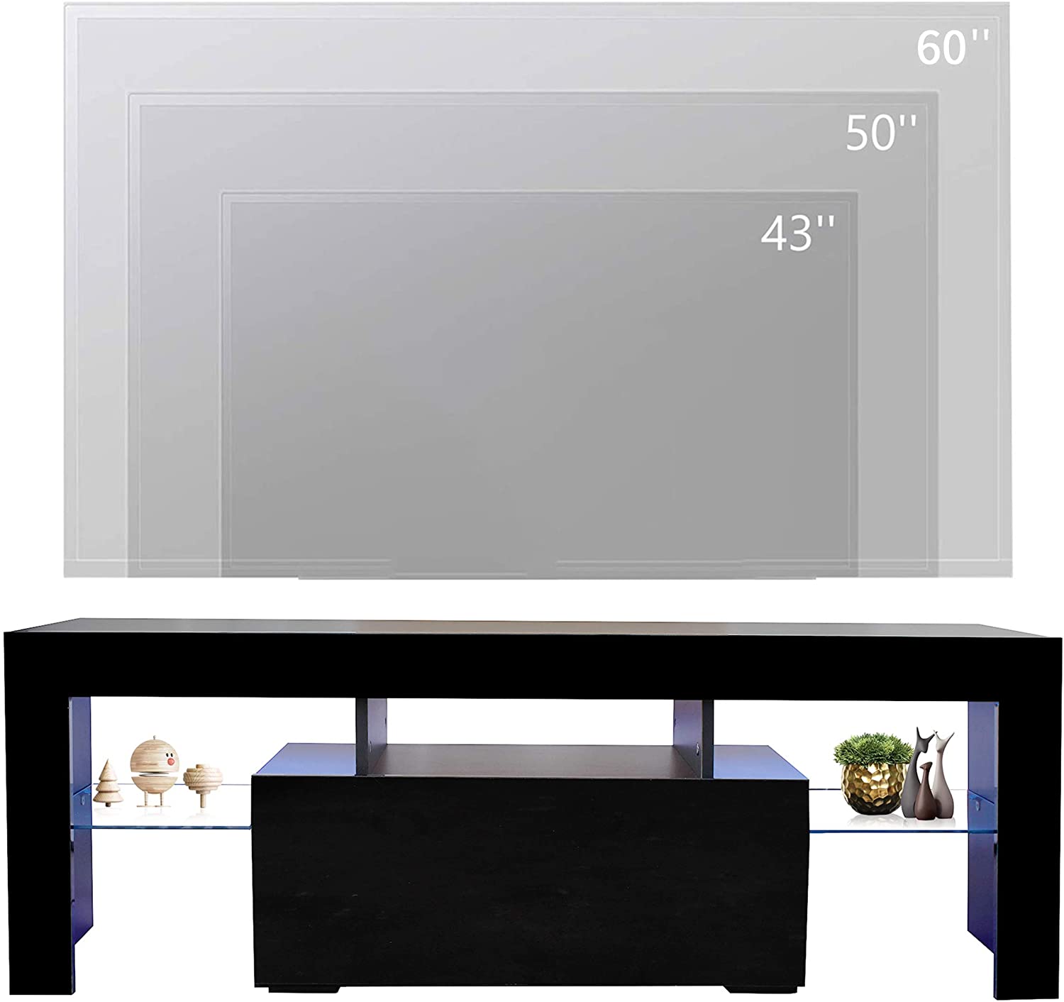 DMAITH TV Stand with LED Lights, Modern Gloss Entertainment Center Media and Open Shelves Console Table Storage Desk with 1 Drawer for Up to 60 Inch TV, Black