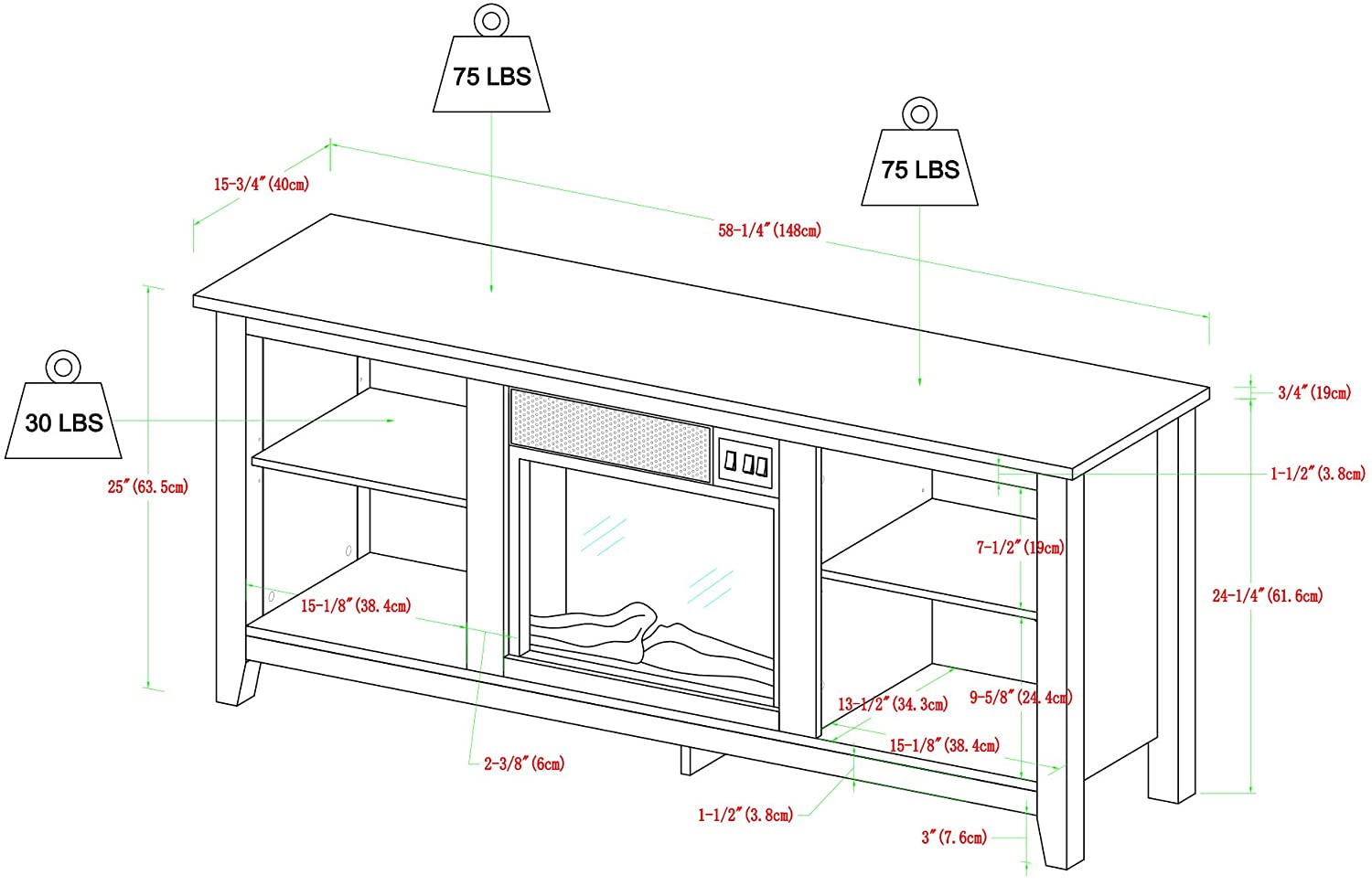 Walker Edison Wren Classic 4 Cubby Fireplace TV Stand for TVs up to 65 Inches, 58 Inch, White Wash