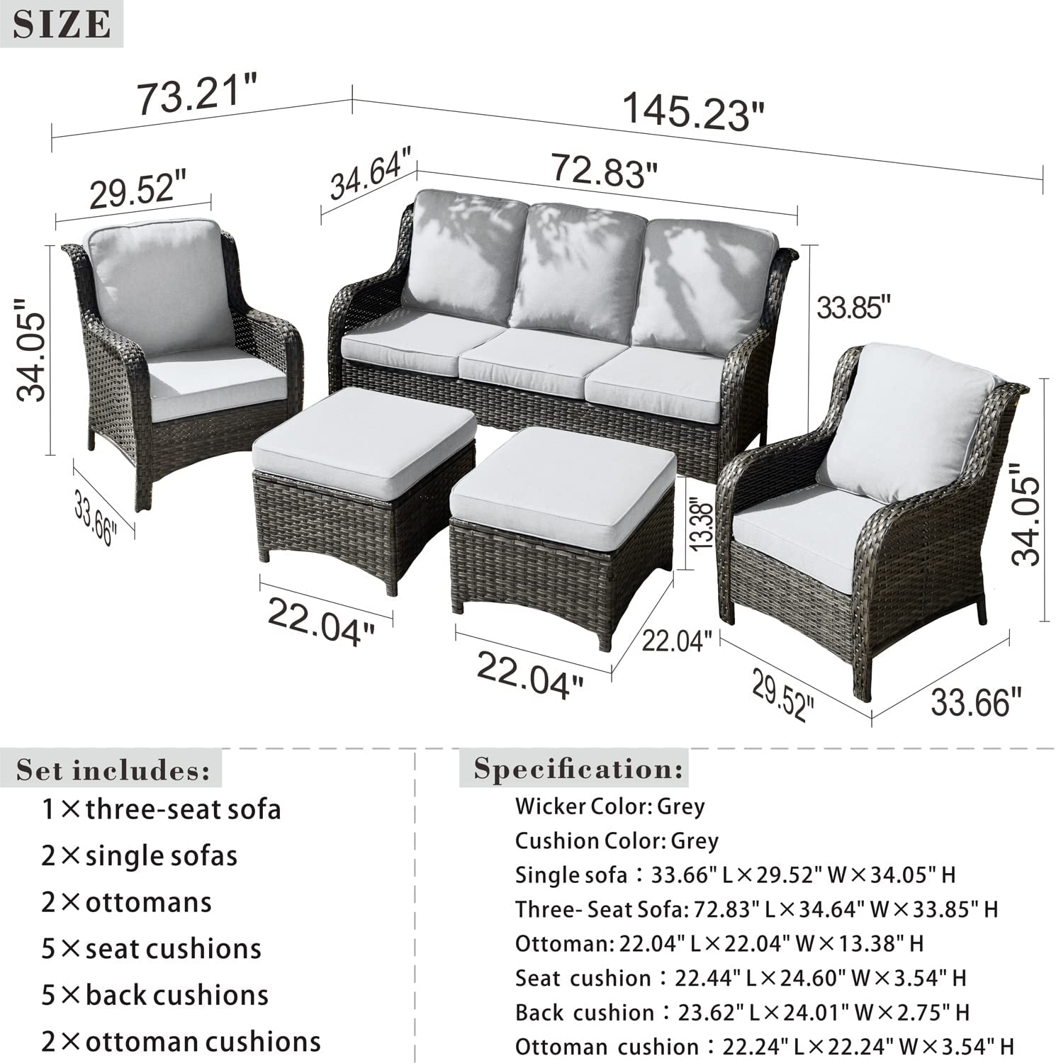 XIZZI Patio Furniture Set Outdoor Conversation Sets The color is gray wicker gray cushion, SOLD AS IS... this is the three seat sofa and two ottomans only