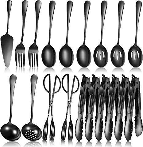 19 Pieces Serving Flatware Set Including Stainless Steel Spatulas, Forks, Spoons, Perforated Spoons, Soup Spoons, Skimmers Spoon, Buffet Tongs, Heavy Duty Black Serving Tongs for Home Buffet(Black)