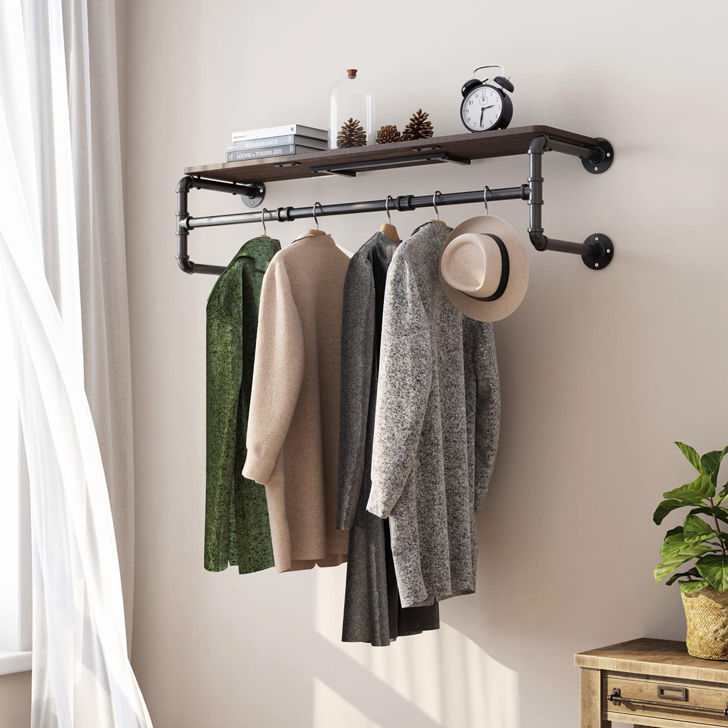 Industrial Clothes Rack, Wall-Mounted Closet Rod, Space-Saving