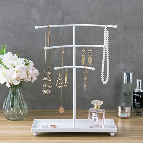 11.25"D x 14.75"W x 4.75"H Necklace Jewelry Organizer, 3-TierCurved Metal Tabletop T-Bar Jewelry Organizer Display Necklace Hanger Stand with Ring Tray Base