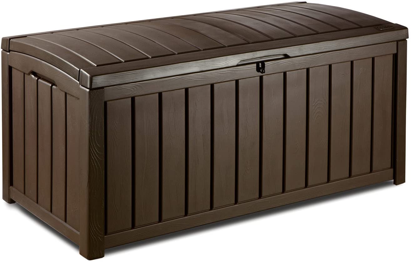 Keter Glenwood Plastic Deck Storage Container Box Outdoor Patio Furniture 101 Gal, Brown