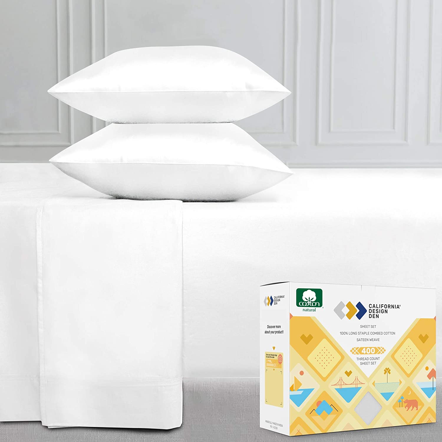 100% Cotton Sheets - Softest 4-Piece Queen Size Sheets Set, Cool, Breathable Pillowcases, Deep Pockets, 400 Thread Count Sateen Weave Best Bedding Sheets (White)