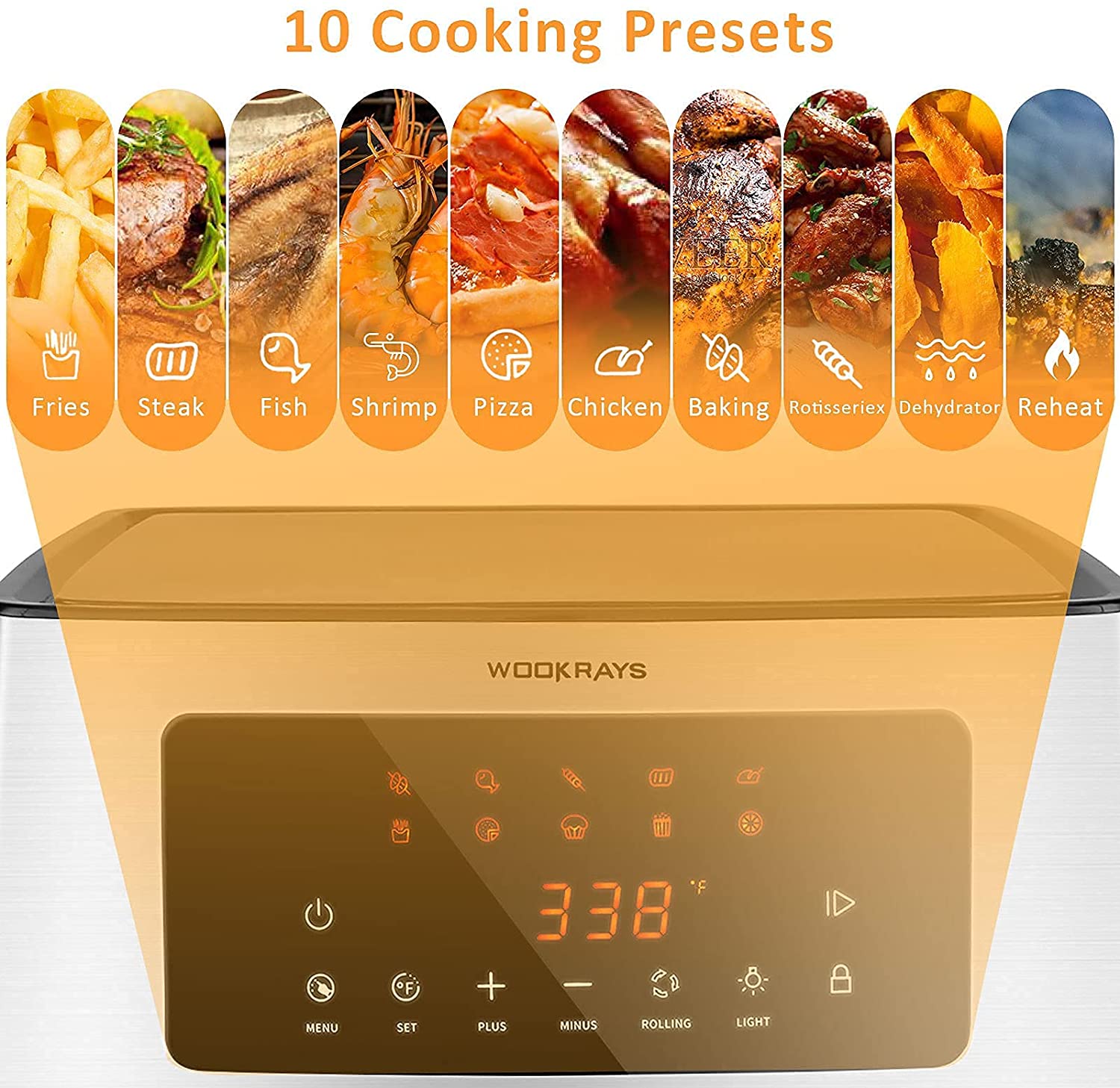 WOOKRAYS Air Fryer Oven, 10-in-1 Air Fryer Toaster Oven Oilless Cooker with Digital LCD Touch Screen 16QT Large Countertop Oven w/Rotisserie Dehydrator, Dishwasher-Safe (silver)