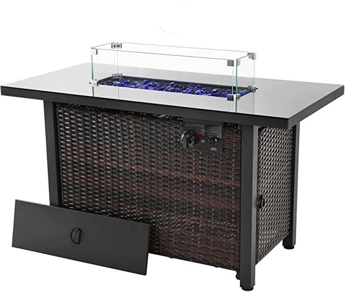 44 in Propane Fire Pit Table,Rattan Fire Pit Table with Glass Wind Guard,60,000 BTU Auto-Ignition Gas Firepit,CSA Certification and Black Tempered Glass Tabletop ,for Outdoor, Patio, Lawn…