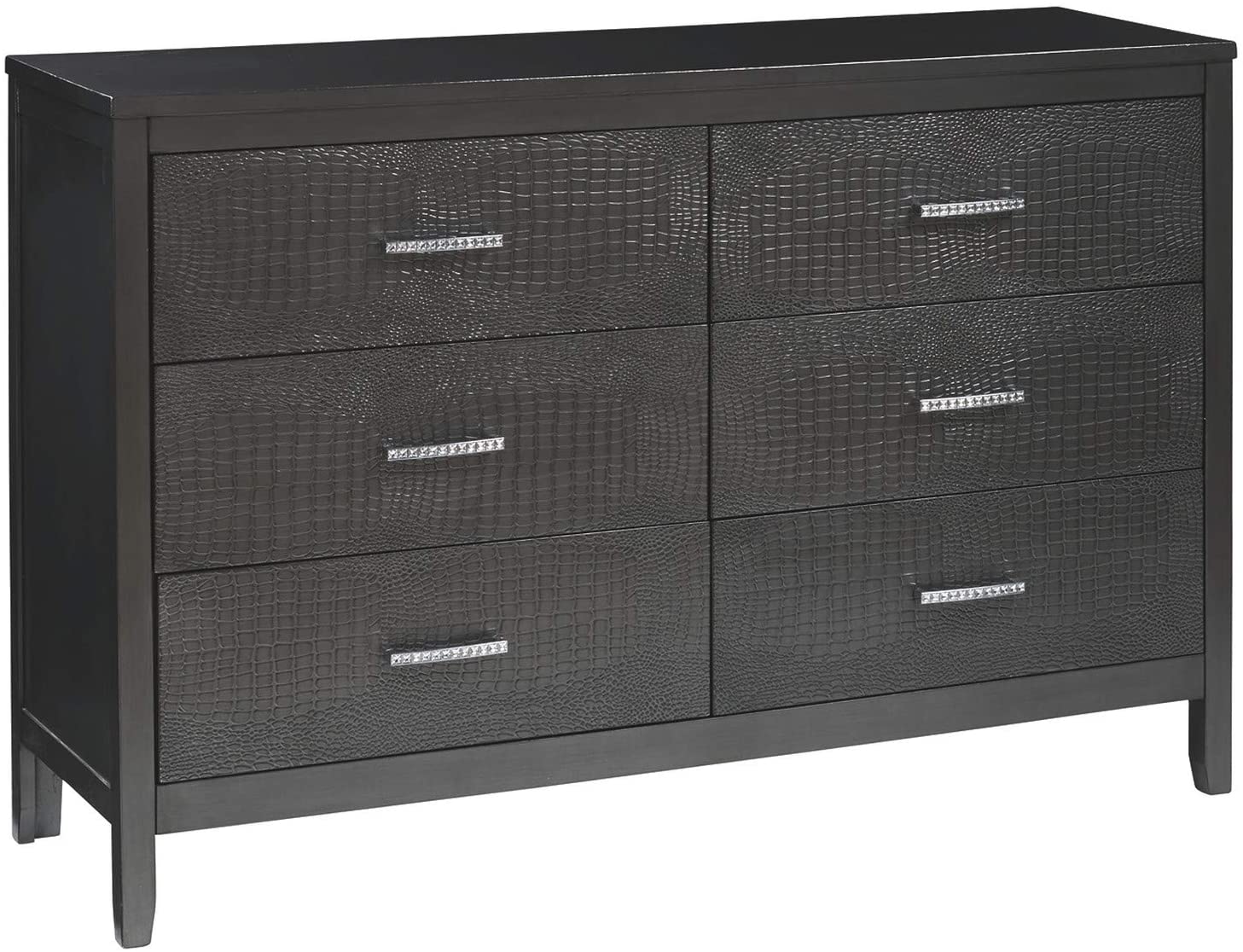 Benjara 6 Drawer Wooden Dresser with Embossed Textured Details, Dark Gray KBO235