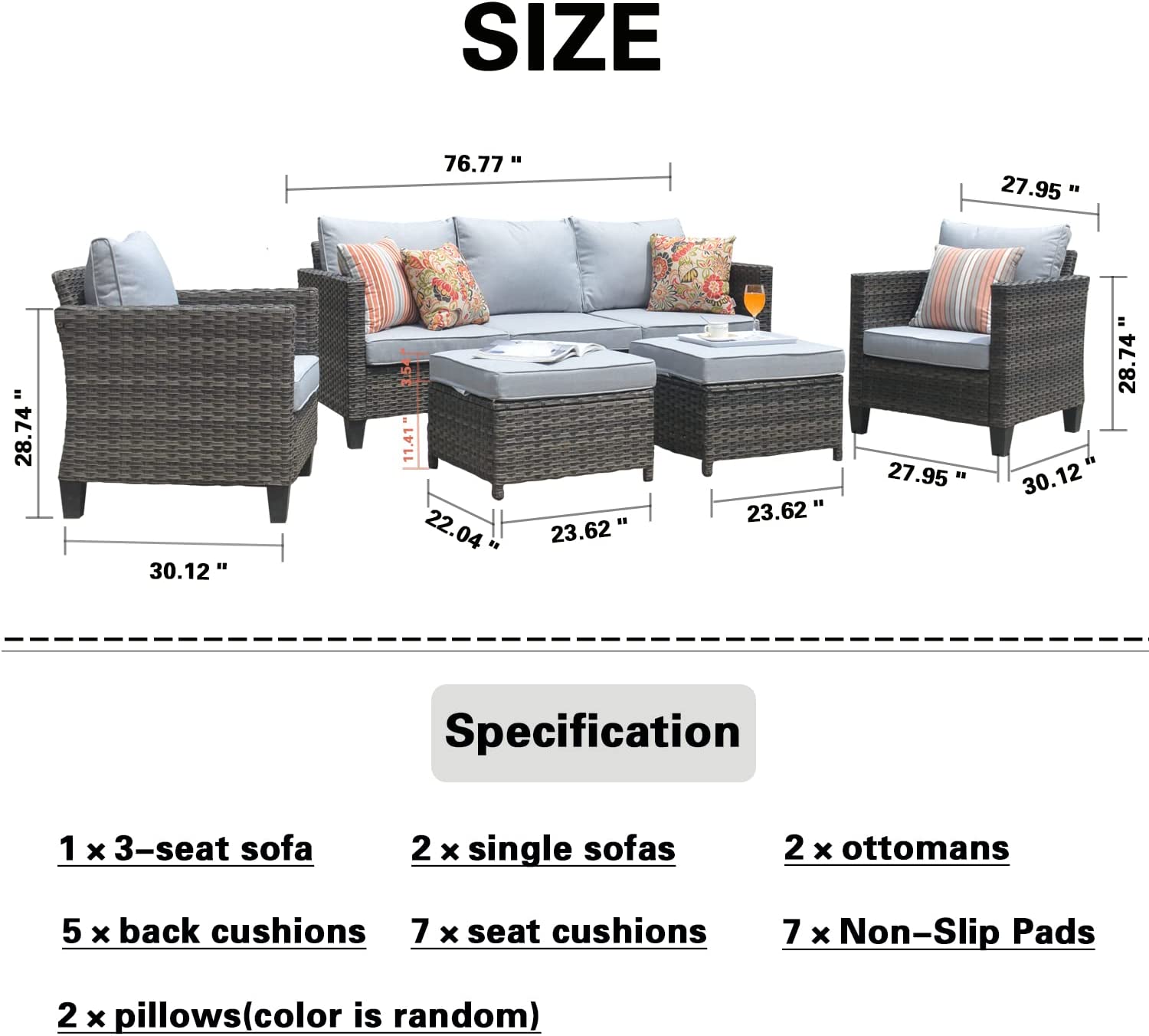 XIZZI Patio Furniture Sets Outdoor Conversation Set 3 Piece All Weather Wicker Sofa with Ottomans and 2 Pillows for Garden Backyard Deck,Grey Wicker Grey Cushion